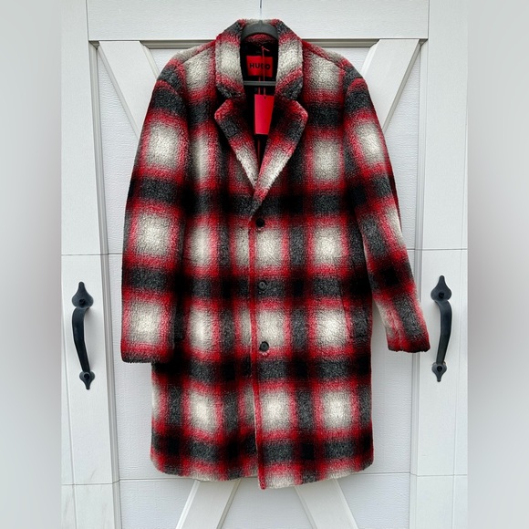 Hugo Boss Red Plaid Checked Teddy Duster - Picture 3 of 6